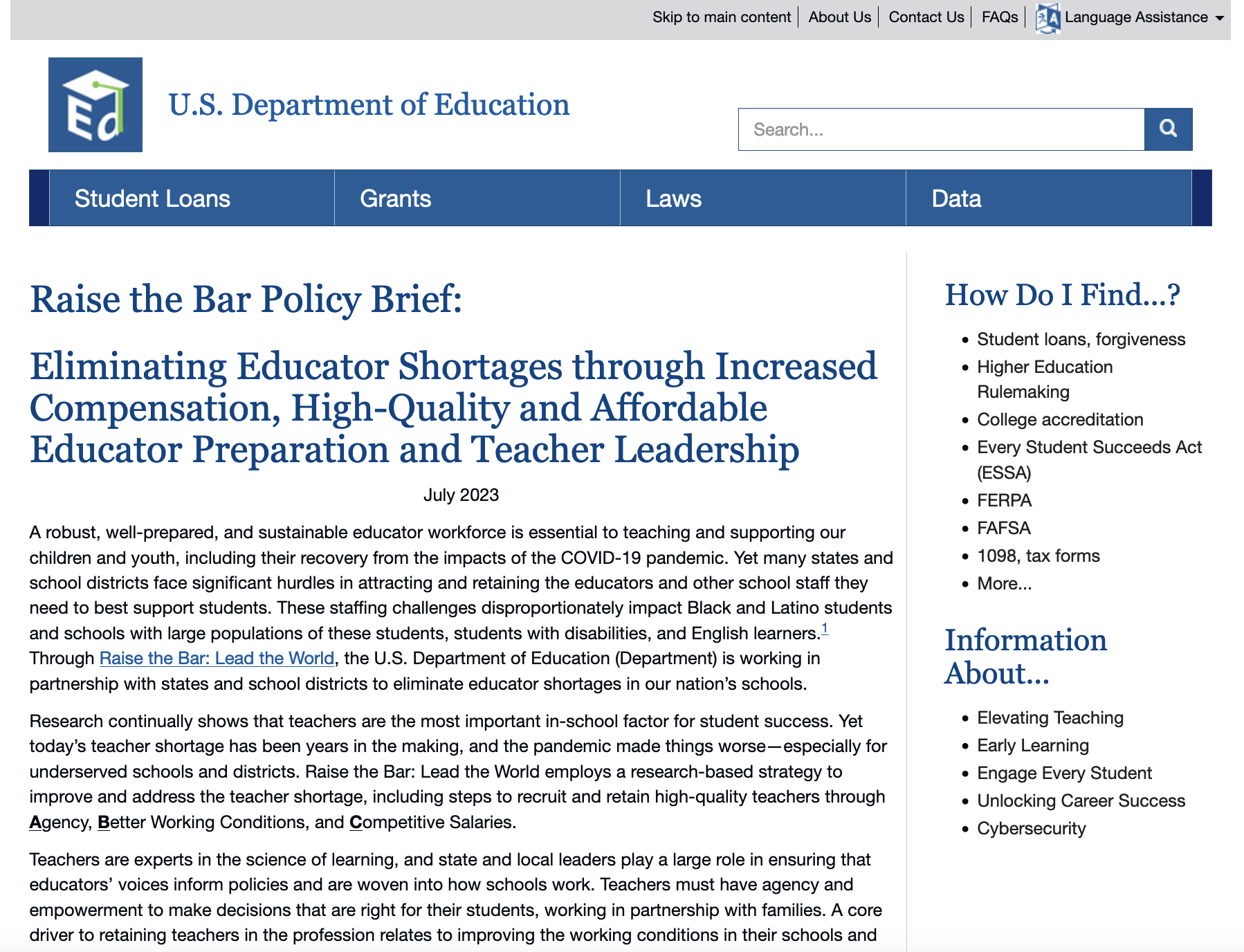 Screenshot of Raise the Bar Policy Brief: Eliminating Educator Shortages through Increased Compensation, High-Quality and Affordable Educator Preparation and Teacher Leadership