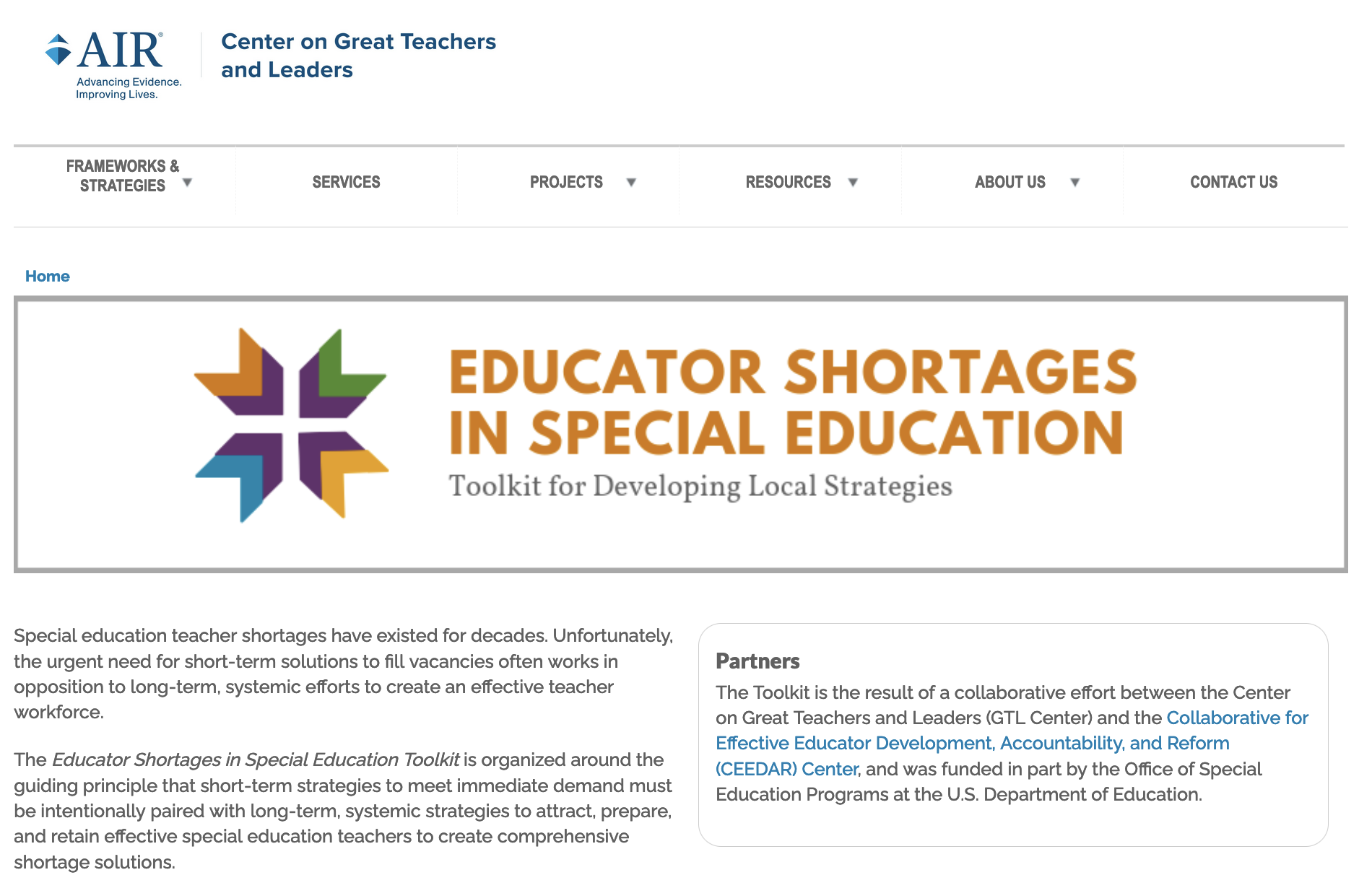 Screenshot of Educator Shortages in Special Education Toolkit 